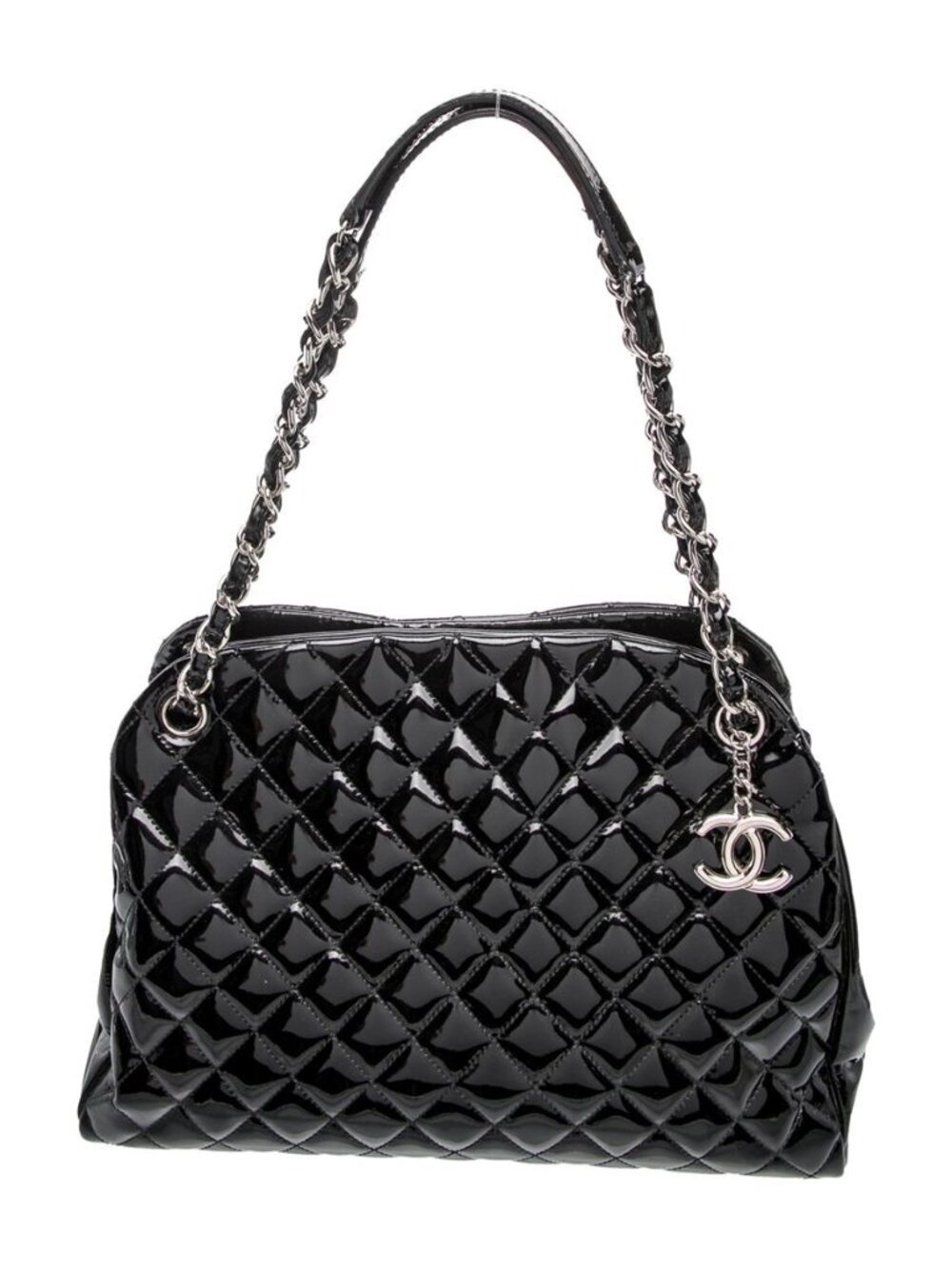Chanel Large Just Mademoiselle Black Patent Leather Quilted Shoulder Bag